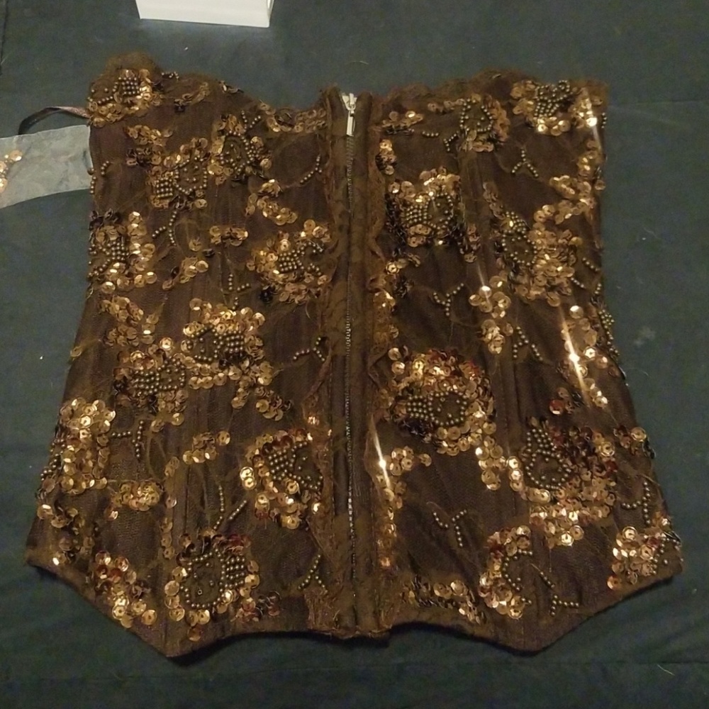 Brown Rose lace and sequins corset